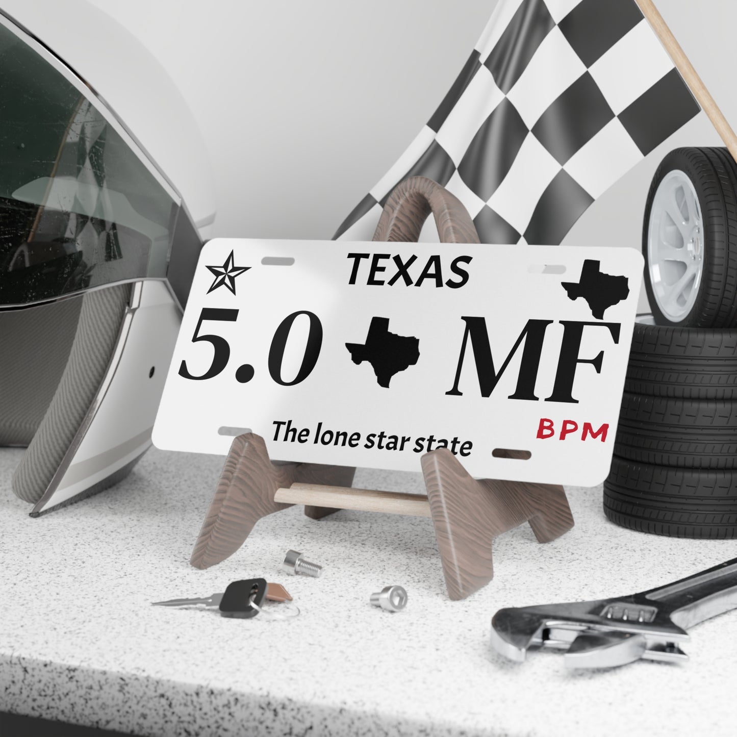 5.0 MF custom vanity plate white background
White novelty license tag for car lovers
Decorative aluminum plate for car shows or gifts