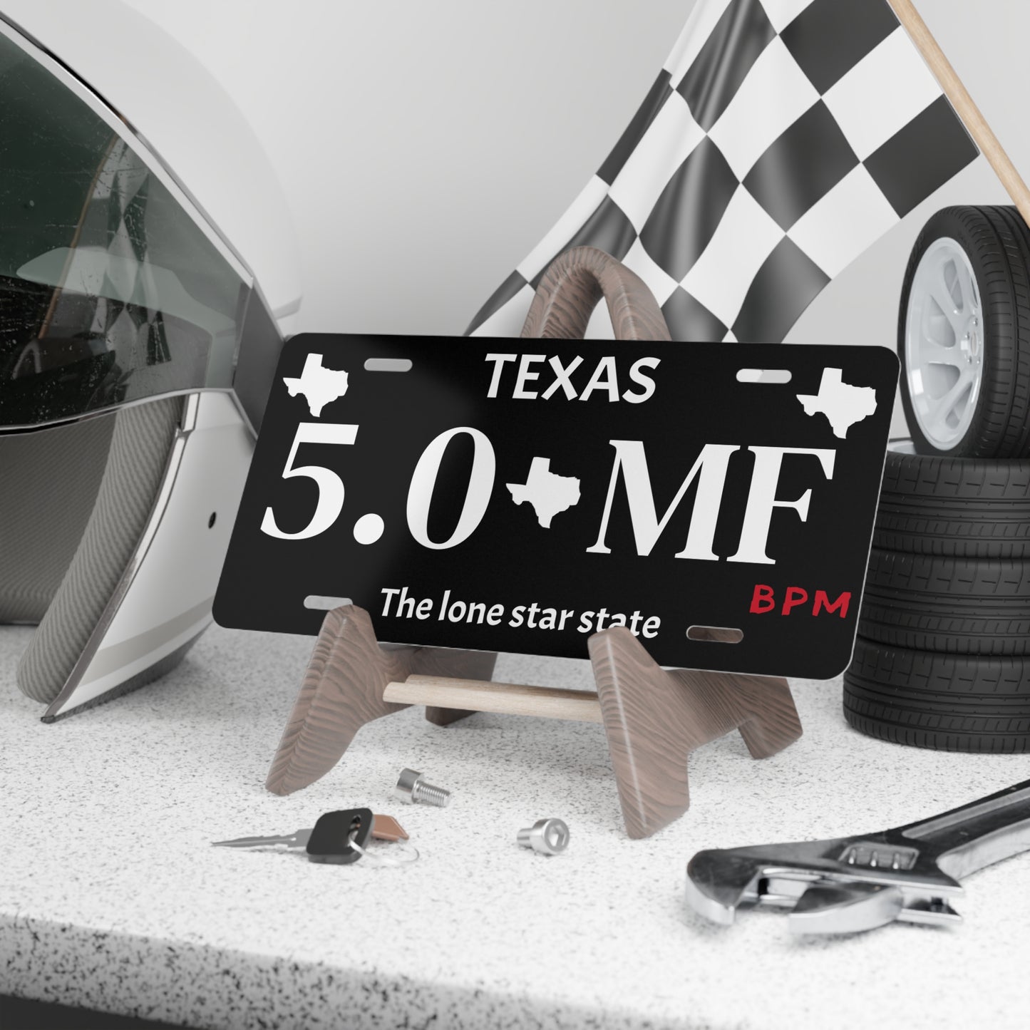 Custom Texas vanity license plate 5.0 MF – personalized car accessory by Blueprint Merch