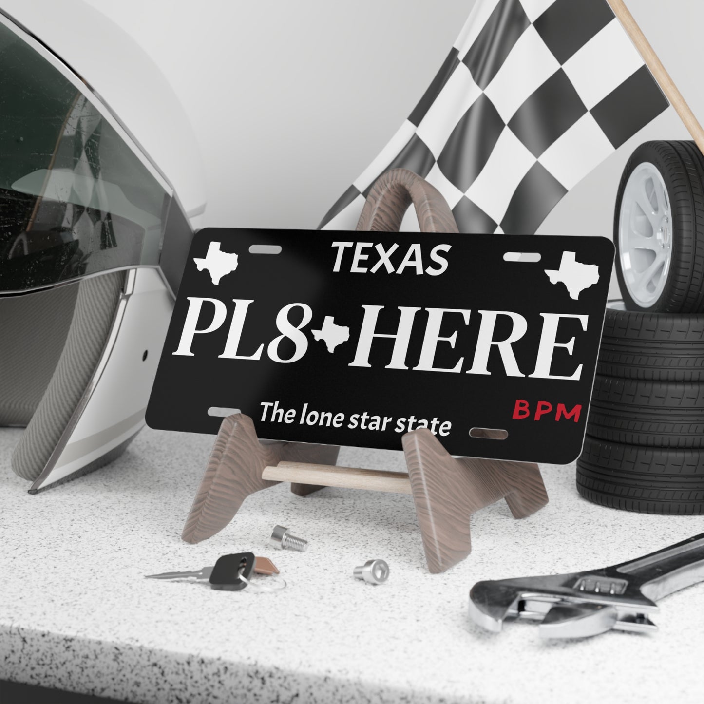 Black PL8 HERE vanity license plate for car enthusiasts
Custom novelty tag for automotive fans
Decorative aluminum license plate – black finish