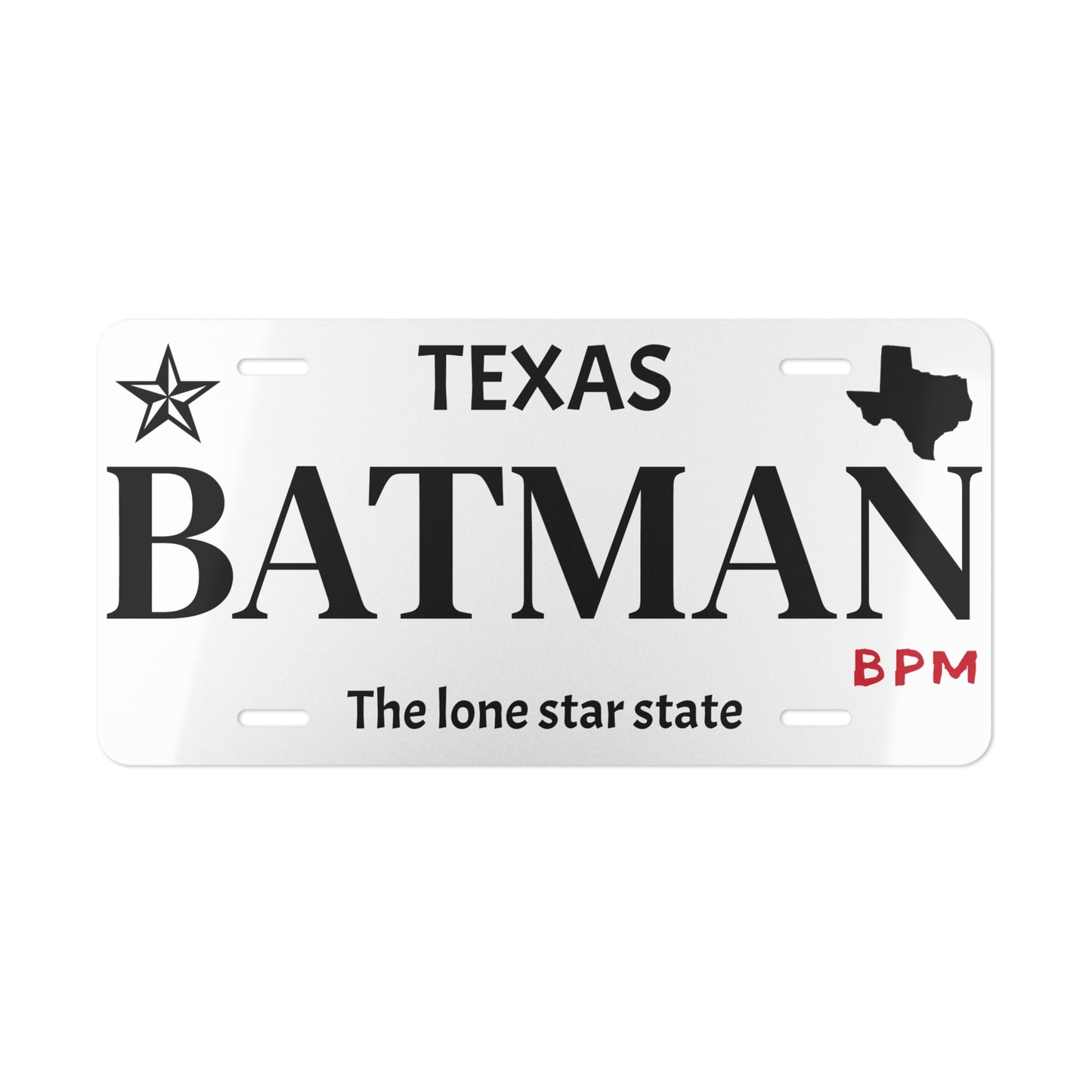 White BATMAN vanity license plate – custom superhero car tag by Blueprint Merch