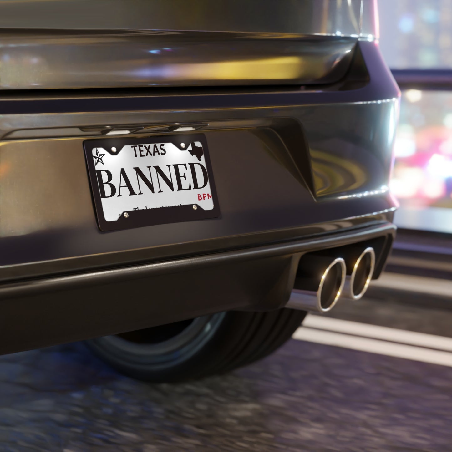BANNED Texas custom vanity license plate – street racing decor by Blueprint Merch