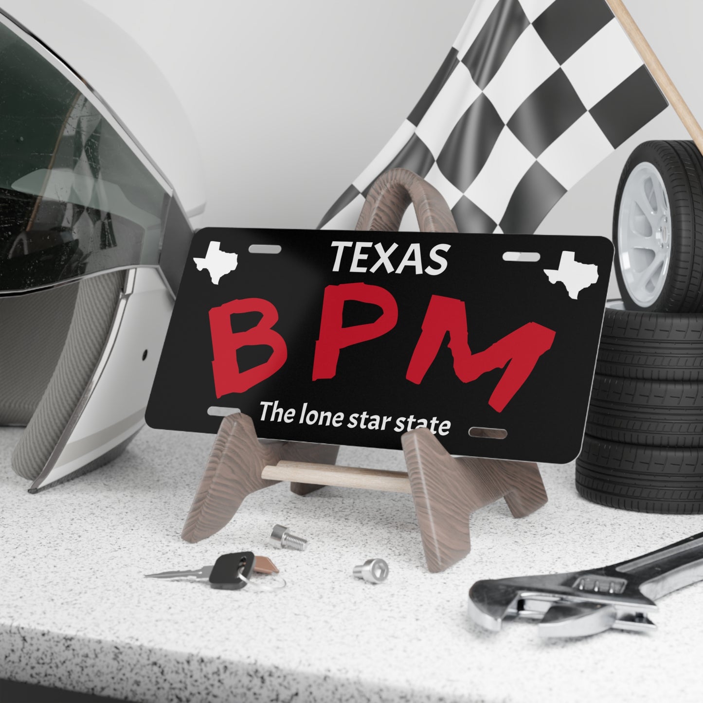 Black BPM custom vanity license plate – Blueprint Merch display tag for car lovers
