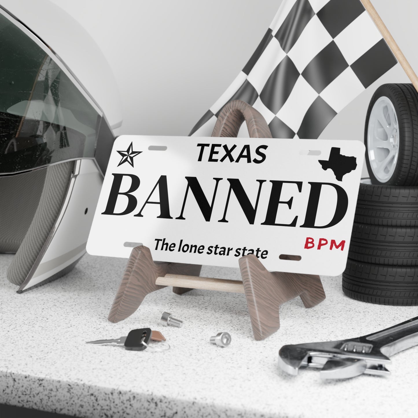 BANNED Texas custom vanity license plate – street racing decor by Blueprint Merch