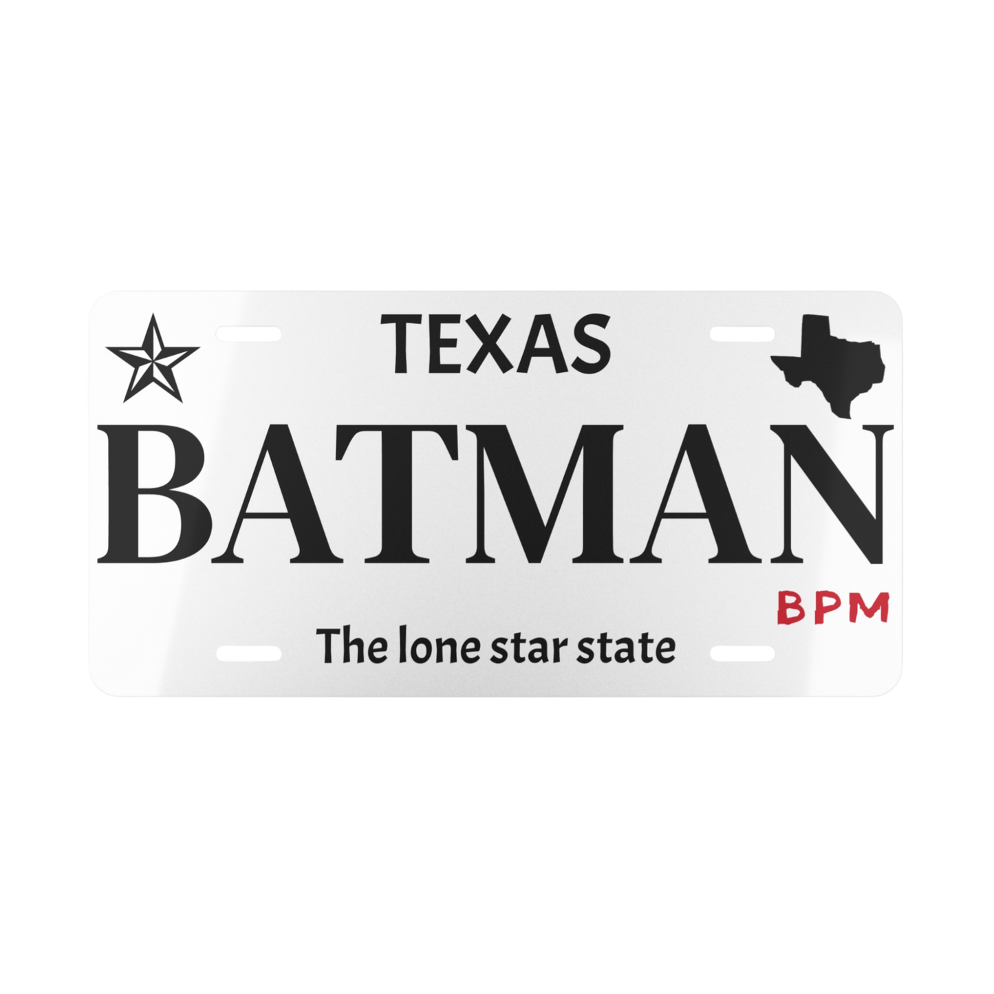White BATMAN vanity license plate – custom superhero car tag by Blueprint Merch