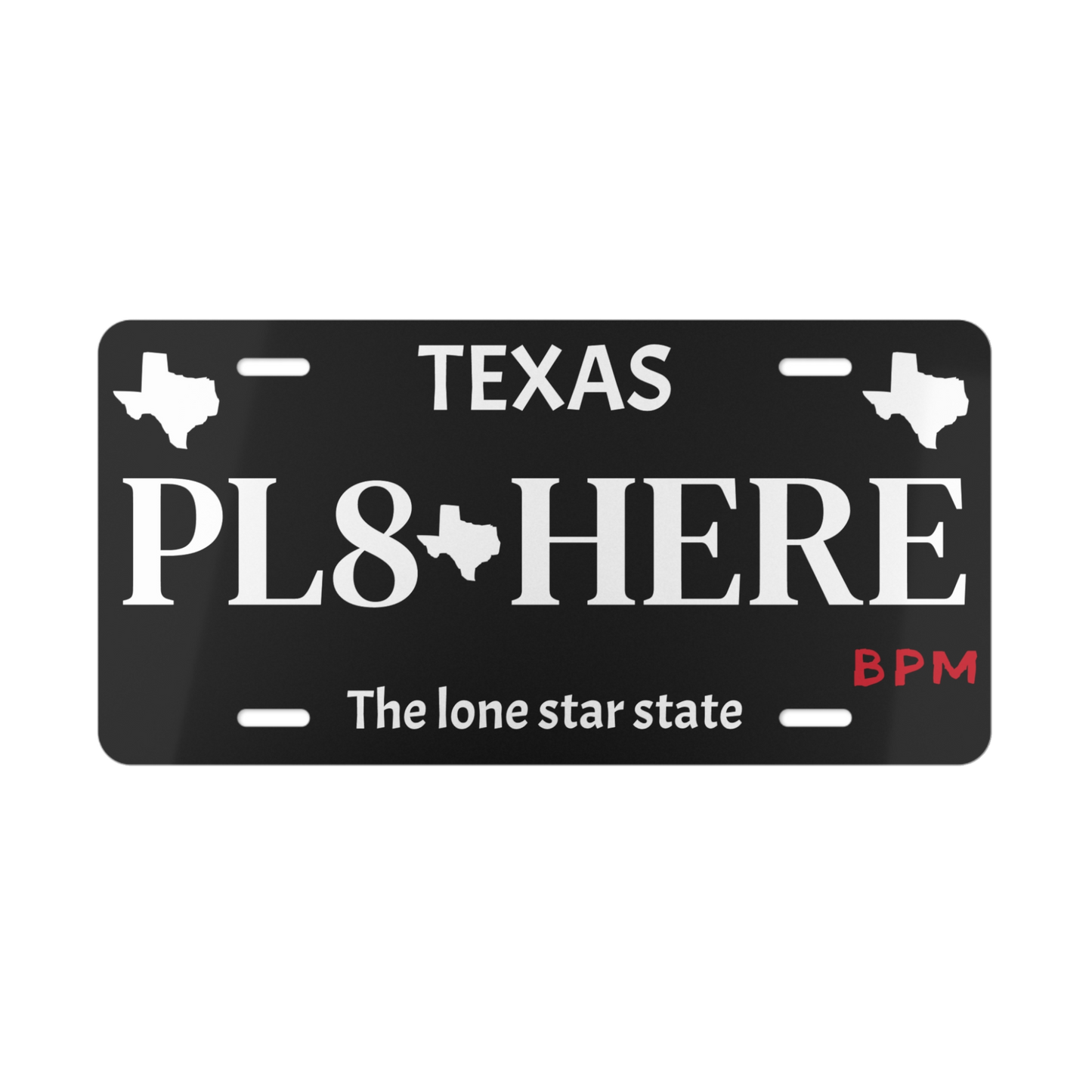 Black PL8 HERE vanity license plate for car enthusiasts
Custom novelty tag for automotive fans
Decorative aluminum license plate – black finish