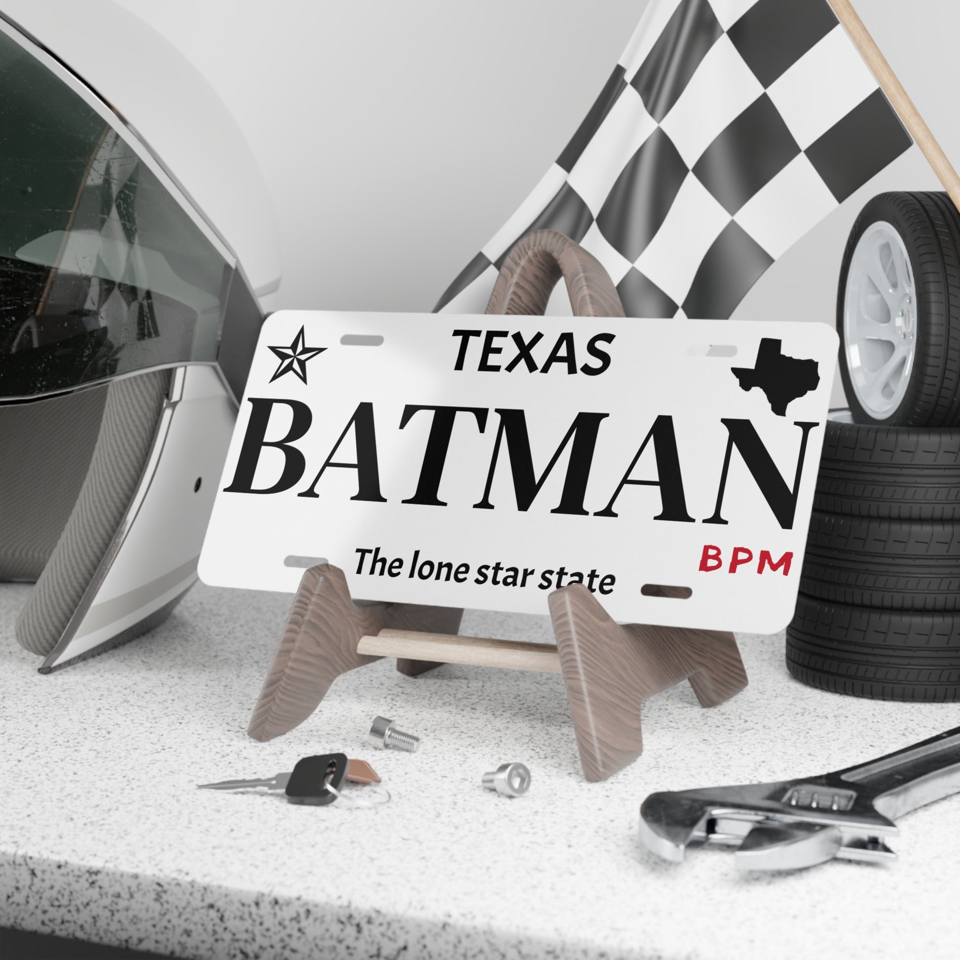 White BATMAN vanity license plate – custom superhero car tag by Blueprint Merch
