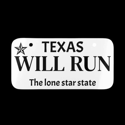 "WILL RUN" personalized mini license plate  
Texas motorcycle-themed custom license plate  
Funny car and bike decor gift for riders
