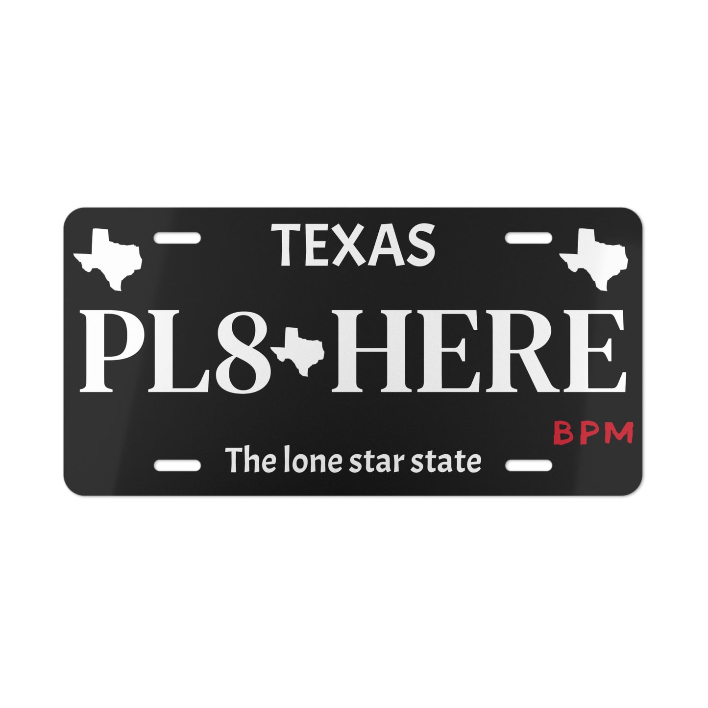 Black PL8 HERE vanity license plate for car enthusiasts  
Custom novelty tag for automotive fans  
Decorative aluminum license plate – black finish
