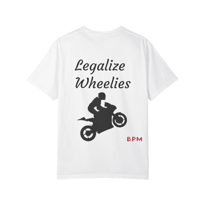 Legalize Wheelies unisex motorcycle t-shirt  
Graphic biker tee for motorcycle enthusiasts  
Gift t-shirt for bikers and riders
