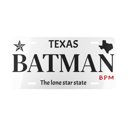 White BATMAN vanity license plate – custom superhero car tag by Blueprint Merch
