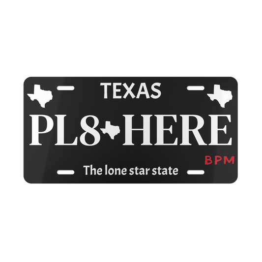 Black PL8 HERE vanity license plate for car enthusiasts  
Custom novelty tag for automotive fans  
Decorative aluminum license plate – black finish
