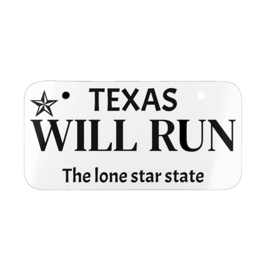 "WILL RUN" personalized mini license plate  
Texas motorcycle-themed custom license plate  
Funny car and bike decor gift for riders
