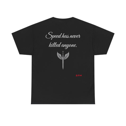 Black t-shirt with white text and red logo on a white background